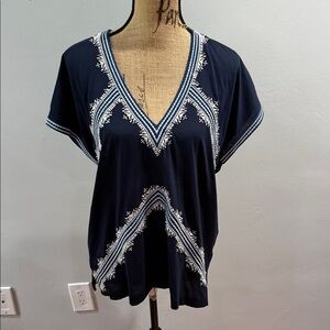 J. Crew Navy Blue Embroidered V-Neck Women's Top medium